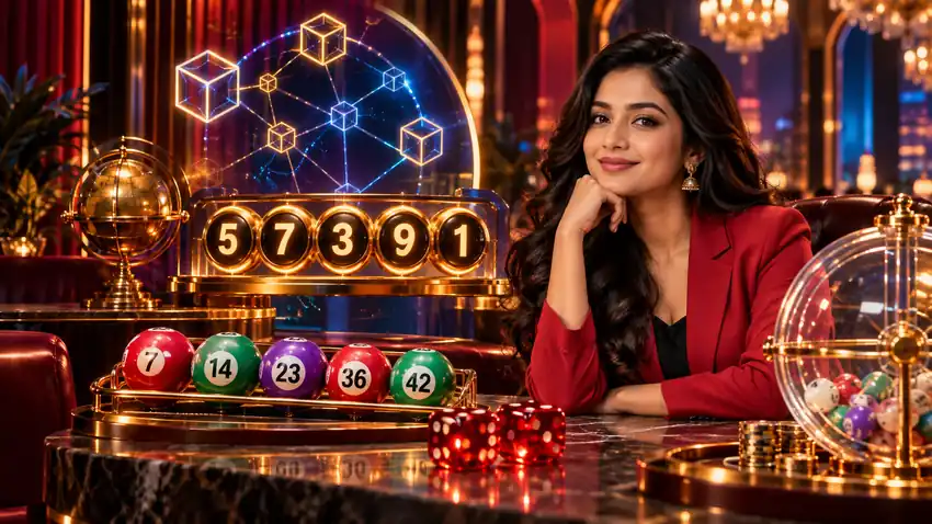 82 Lottery visual with numbered colour balls, dice and digital game elements